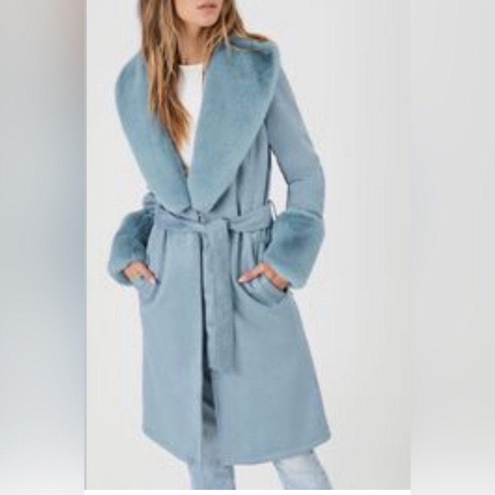 Forever 21 Blue Faux Fur Trim Coat